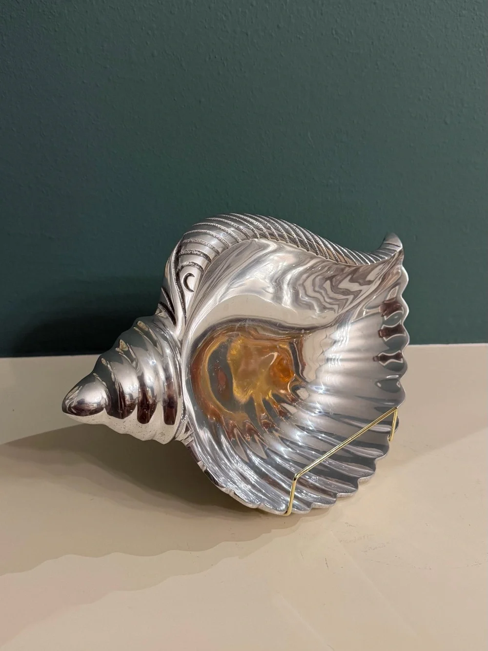 Large silver pewter sea shell conch bowl platter catchall dish